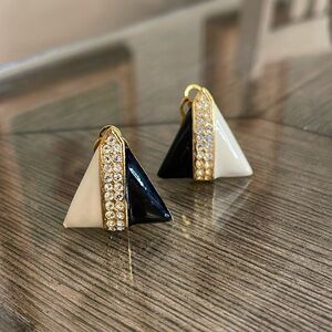 Vintage Triangle Shaped Black & White Clip Earrings, Rhinestone Accents.